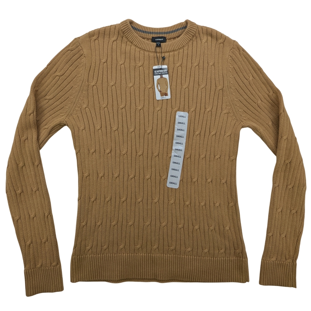 Express Sweater Mens Small Cable Knit Tan Pullover Crewneck 100% Cotton New